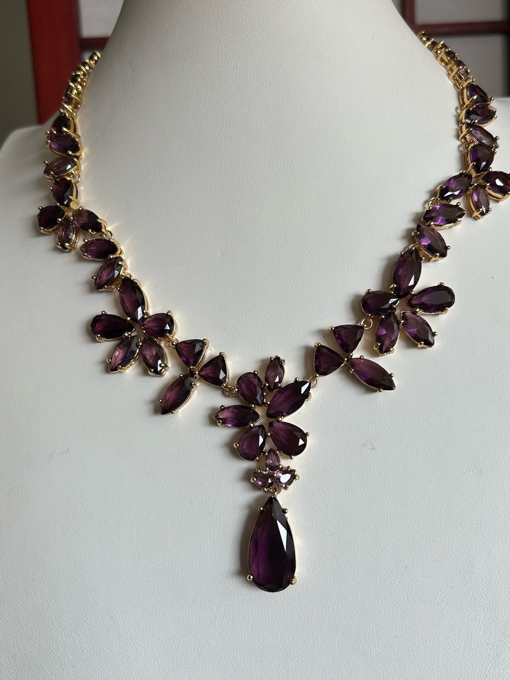 NEW- KATE SPADE Gold-Tone Necklace with Deep Purple Teardrop and Floral Crystals